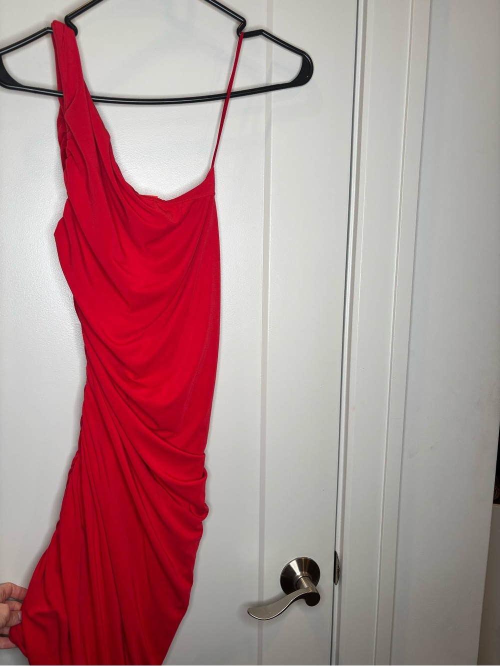 Aritzia Red One-Shoulder Ruched Midi Dress